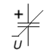 Capacitor, voltage dependent and polarised symbol